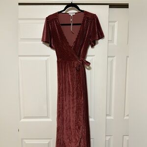 Andi Ribbed Velvet Wrap Dress- Dark Rose/ Size: Small